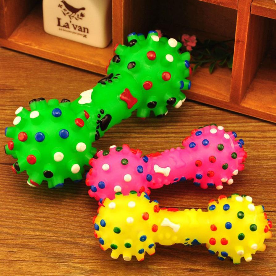 Dog Bone Shaped Chewing Training Toy Colorful Dotted Dumbbell Shaped Squeeze Squeaky Faux Bone Pet Dog Toys .